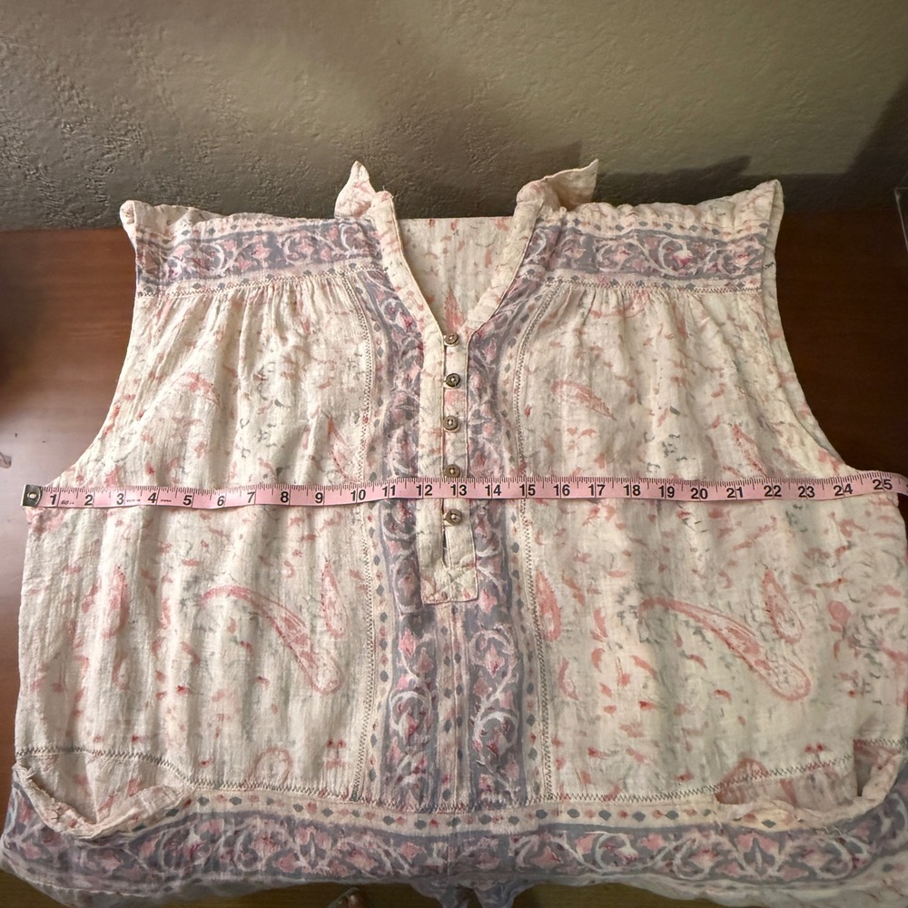 Free People XL Pink Blue Paisley Sleeveless Button Front Gauze Romper Pockets - Picture 4 of 7